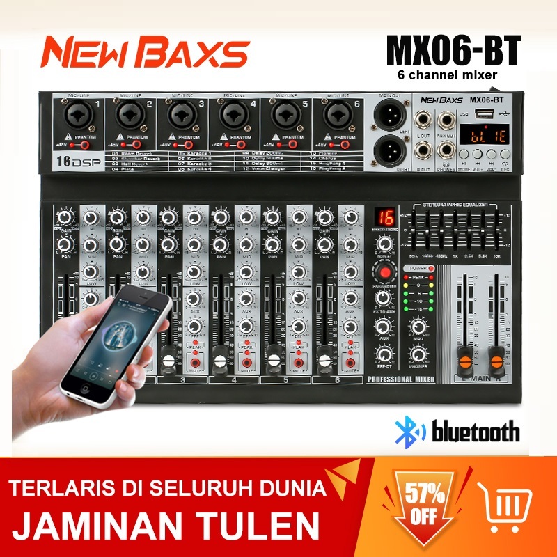 NEW BAXS เครื่องผสมเสียงมืออาชีพ 6 ช่องผสม MX06BT EQ เอาท์พุท 99DSP USB บลูทู ธ / MP3 สัญญาณผสม ได้หลายเครื่อง ราคา ถูกที่สุด ดีลบีเคเค