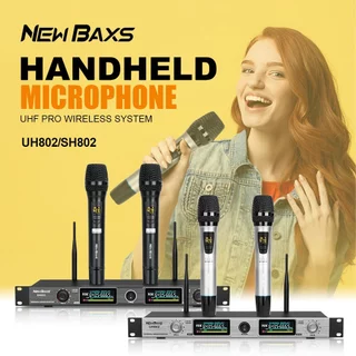 NEW BAXS ไมโครโฟนไร้สาย, UH802/SH802, หนึ่งตัวลากไมโครโฟนไร้สายสองตัว, ไมโครโฟนแร็พลอย UHF, ระยะทาง 150 ม., เสียงที่ดี