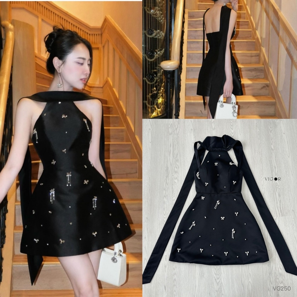 VIGOR ชุดเดรสสีขาวดำแต่งอะไรเพชร-BLACK(*สอบถามสต๊อกก่อนกดสั่งน๊า)