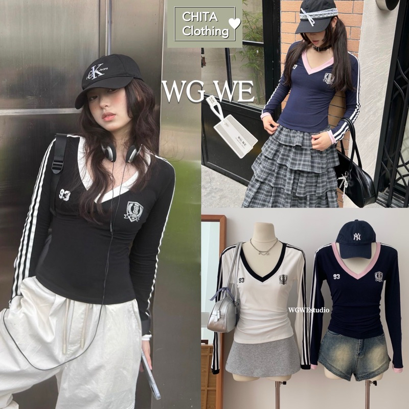 9714# เสื้อแขนยาวคอวี สกรีนลายช่วงอก เนื้อผ้าดี ทรงใส่สบาย TAG:WG.WE