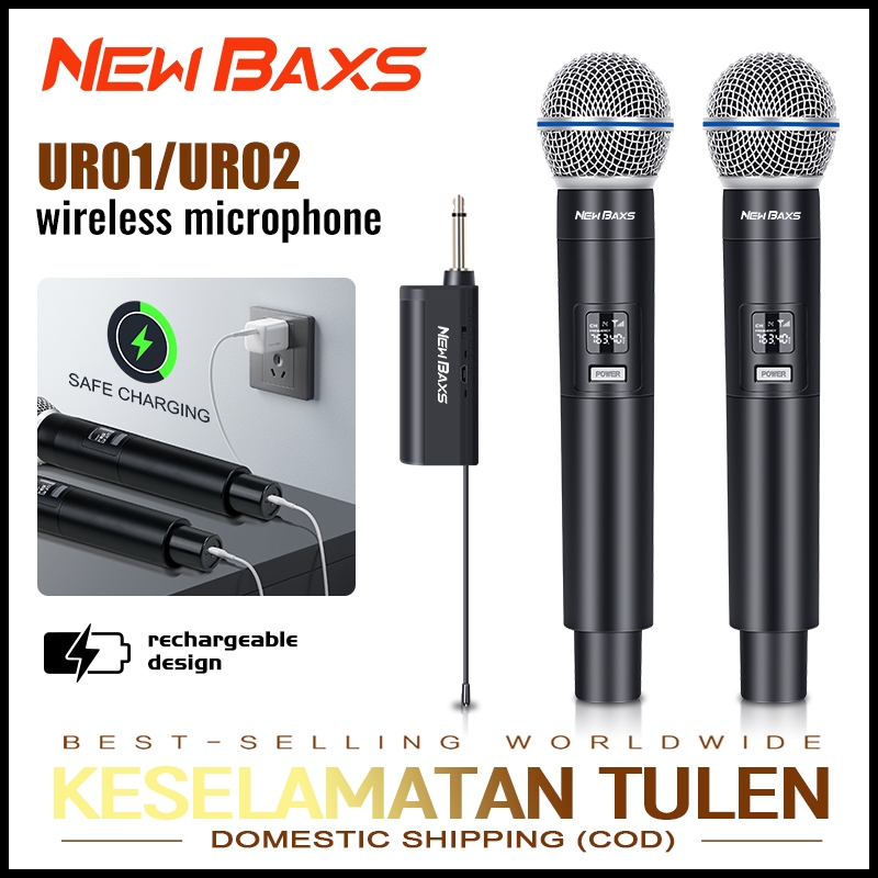 NEW BAXS UR01/UR02 ไมโครโฟนไร้สาย 2 ไมโครโฟนแบบใช้มือถือ 50M ระยะทางรับ UHF FM Cyclic ชาร์จไม่มีการรบกวน KTV