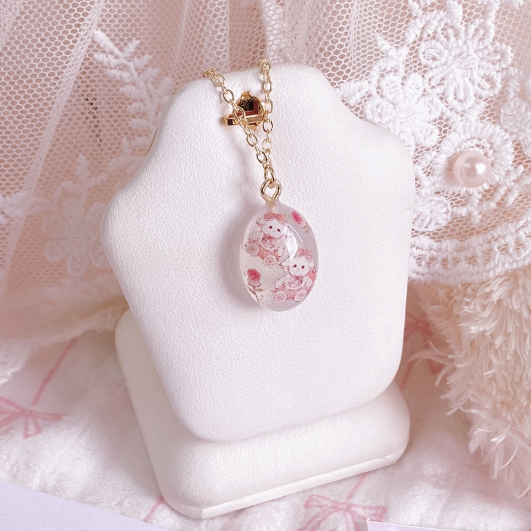 R328 สร้อยคอทรงหยดน้ำมีมี่โบว์ดอกไม้ชมพู 14K 43 - 48 cm พร้อมกล่องชมพู