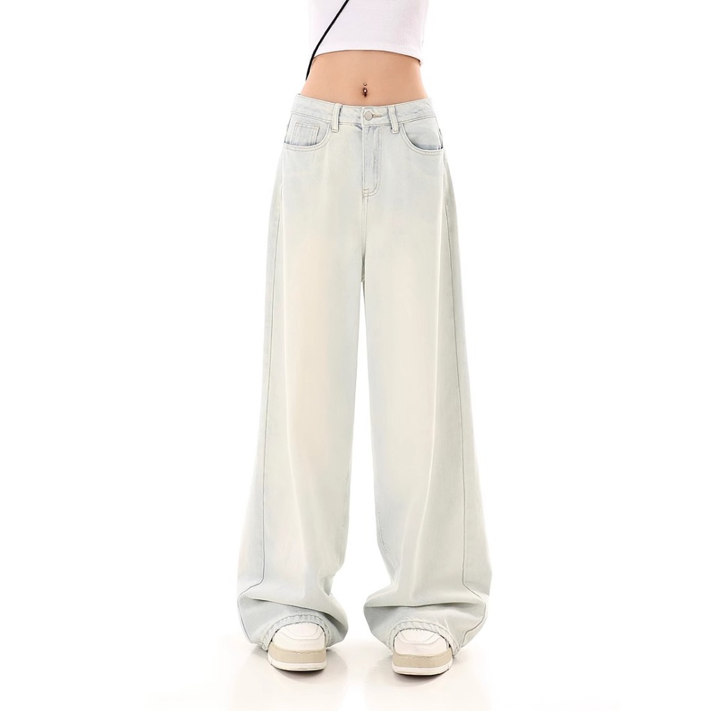 กางเกงยีนส์ขาตรงฟอกสีอ่อนสำหรับผู้หญิง กางเกงขายาวเอวสูงสไตล์อเมริกัน ทรงหลวม ผ้าเดรป กางเกงขายาวขากว้างยาวถึงพื้น