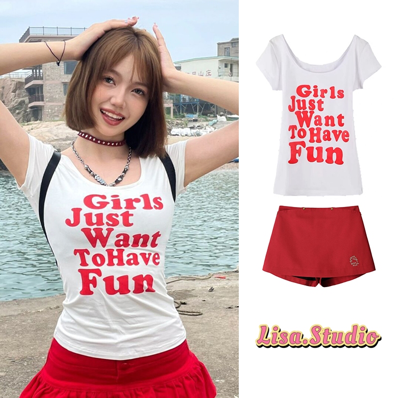 Lisa พร้อมส่ง ฃเสื้อครอปสีขาว Y2K เสื้อยืดแฟชั่นผู้หญิง เสื้อรัดรูป แขนสั้นคอกลม พิมพ์ตัวอักษร สไตล์เกาหลี สาวอ้วนใส่ได้