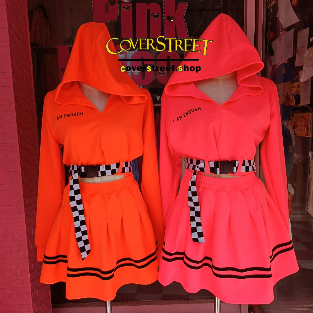 coverstreet พร้อมส่งจากไทย ชุดSet นีออน เสื้อนีออน +กระโปรงนีออน เข็มขัด เต้นCoverเกาหลี ปาร์ตี้นีออน คัลเลอร์ฟูล