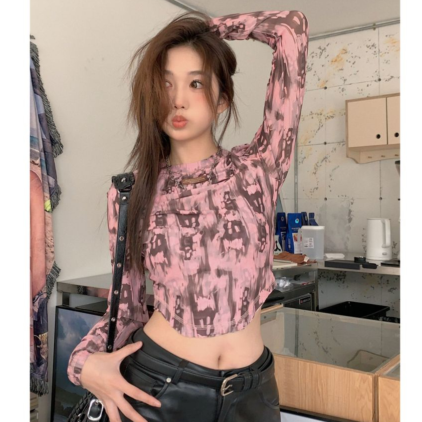 เสื้อครอป เสื้อเเขนยาวผู้หญิง ผ้าตะข่าย ทรงเข้ารูป สินค้าแฟชั่น#2243