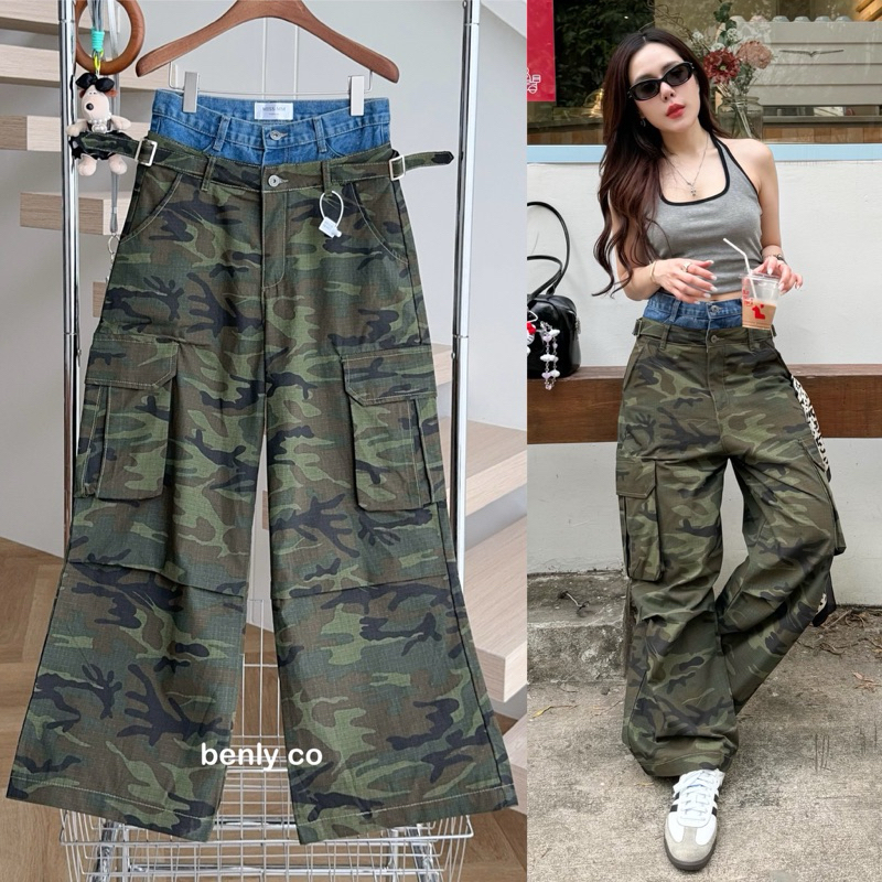 **พร้อมส่ง** BY0091 Low-Waist Soldier 2 Layer กางเกงคาร์โก้ทหาร แต่งขอบยีนส์ benly-co