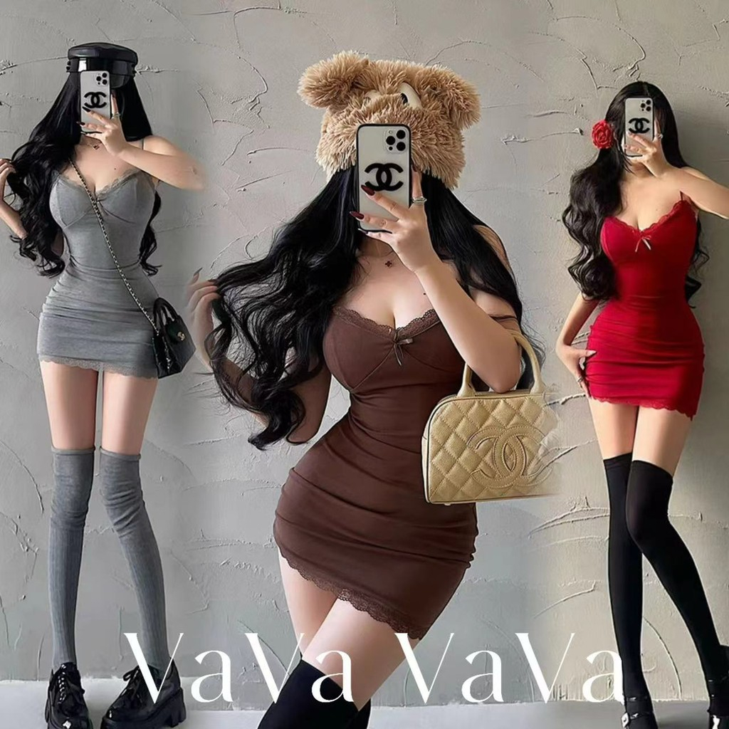 VaVa  มีสินค้า ชุดเดรสกระโปรงสั้นรัดสะโพกเซ็กซี่รัดรูปเอวบางเซ็กซี่สุดๆ（พร้อมแผ่นรองหน้าอก）