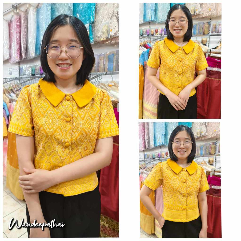 เสื้อคอบัว เสื้อลายขอ ผ้าฝ้ายทอลายเนื้อดี อัดผ้ากาวทั้งตัว ผู้หญิง สีเหลืองทอง