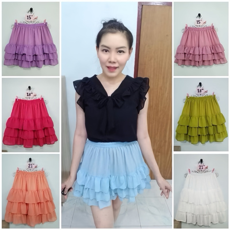 กางเกงกระโปรงผ้าชีฟองพื้น รุ่น3ชั้น ยาว15นิ้ว 18นิ้ว และ21นิ้ว(สีขาวซับสีขาว สีอื่นซับสีครีม) ผลิตเอง พร้อมส่ง