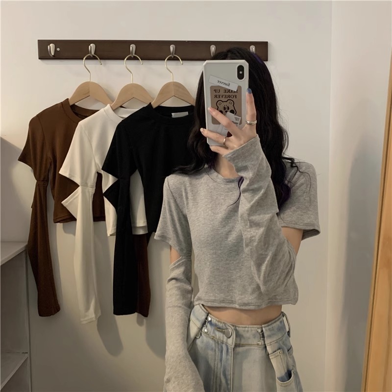 เสื้อครอปแขนยาว ทรงคอกลม ใส่สบาย สไตล์วินเทจ เรียบง่าย สําหรับผู้หญิง เสื้อแขนยาวผู้หญิงสไตล์เกาหลี น่ารัก สไตล์สีทึบ