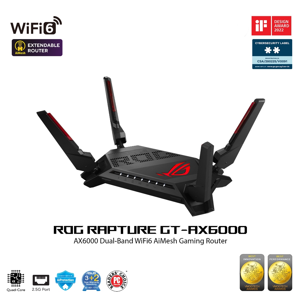 ASUS ROG Rapture GT-AX6000 Dual-Band WiFi6 Extendable Gaming Router, Dual 2.5G Ports