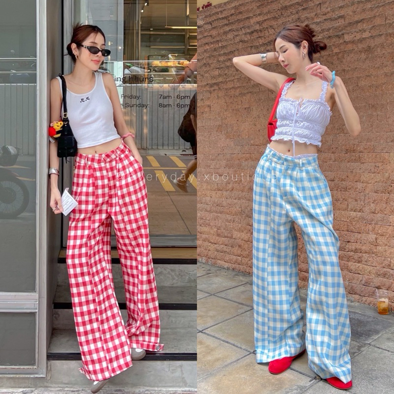พร้อมส่ง Checked Pants กางเกงขายาวทรงกระบอกใหญ่ลายตารางสก็อต ปลายขาแต่งกระดุม amuse move on