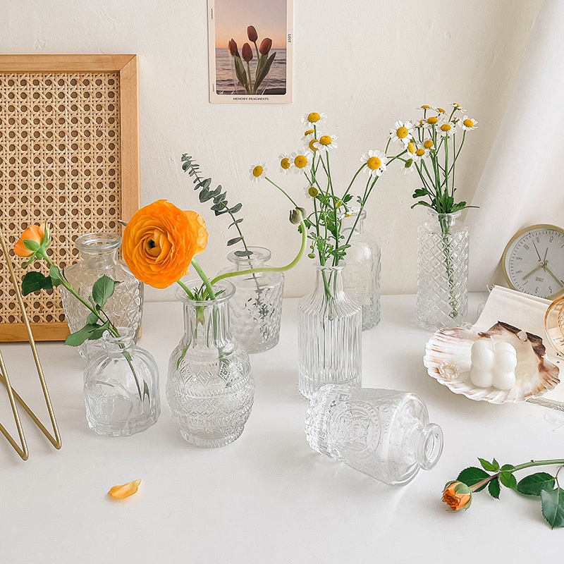 Mixselection พร้อมส่ง insแจกันแก้วใส ใส่ดอกไม้ ทรงรูปขวด ตกแต่งห้องนั่งเล่น แบบสั้น glass vase สุดน่ารัก