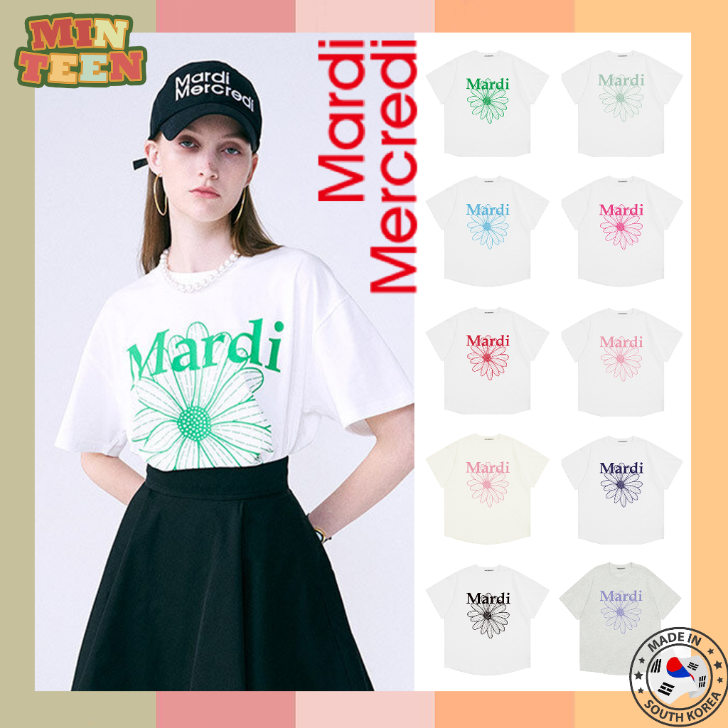 [จัดส่งภายใน 24 ชั่วโมง] Mardi Mercredi SLIM TSHIRT FLOWERMARDI เสื้อผ้าผู้หญิง สีขาว นำเข้าจากเกาหลี ของแท้