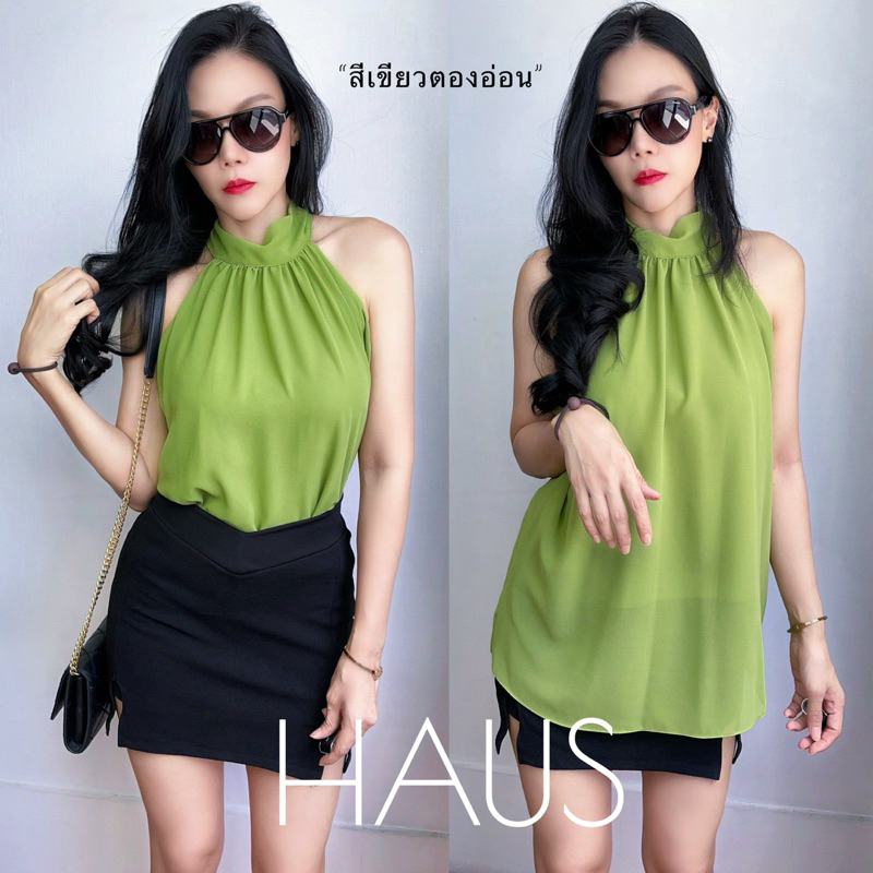 เสื้อแขนกุดชีฟอง HAUS ทรงคอเต่าแบบผูกคอ ผ้าชีฟองมีซับใน อก44“  นางแบบ อก34“