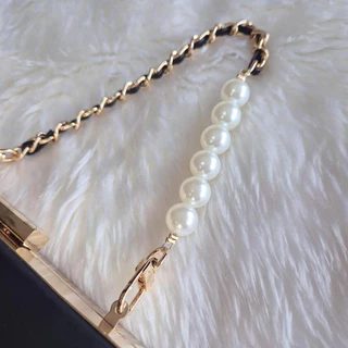 สายกระเป๋า สายหนังpu พันโซ่ 🌈โซ่เปียถัก+มุก สายถือ 32-33 cm.🌈 pu pearl strap