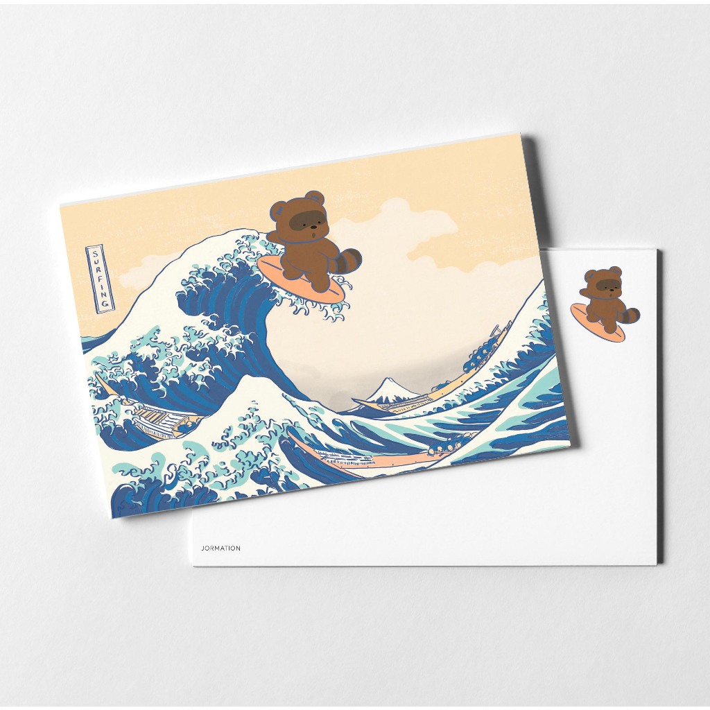 Raccoon in The Great Wave Off Kanagawa Art Parody Postcard โปสการ์ด การ์ด ลายแรคคูนในภาพวาดผลงานศิลปะ | Jormation