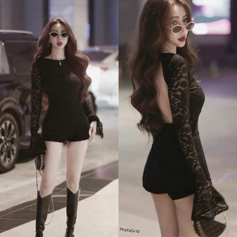 mnv_shop  ลูกไม้นิ่มมีซับใน งานซิปซ่อนด้านหลัง     ชุดจั้มกางเกงสั้นลูกไม้แขนยาวระบาย เว้าหลัง