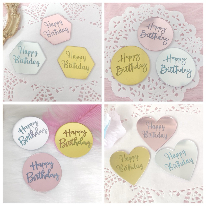 ป้ายปักเค้ก Happy Birthday อะครีลิค หัวใจ (แพค10 ชิ้น)