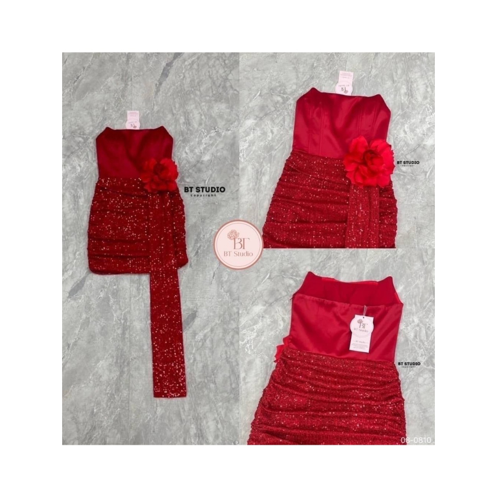 BT 08-0810 เซท 2 ชิ้น เดรสเกาะอกช่วงอกแต่งปลายเฉียงขึ้น อกเสริมฟองน้ำ