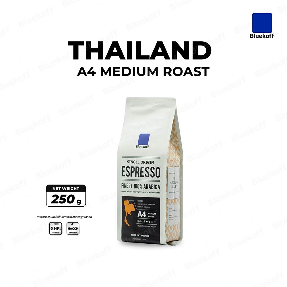 Bluekoff A4 เมล็ดกาแฟไทย อราบิก้า 100% Premium เกรด A คั่วสด ระดับกลาง (Medium Roast) บรรจุ 250 กรัม