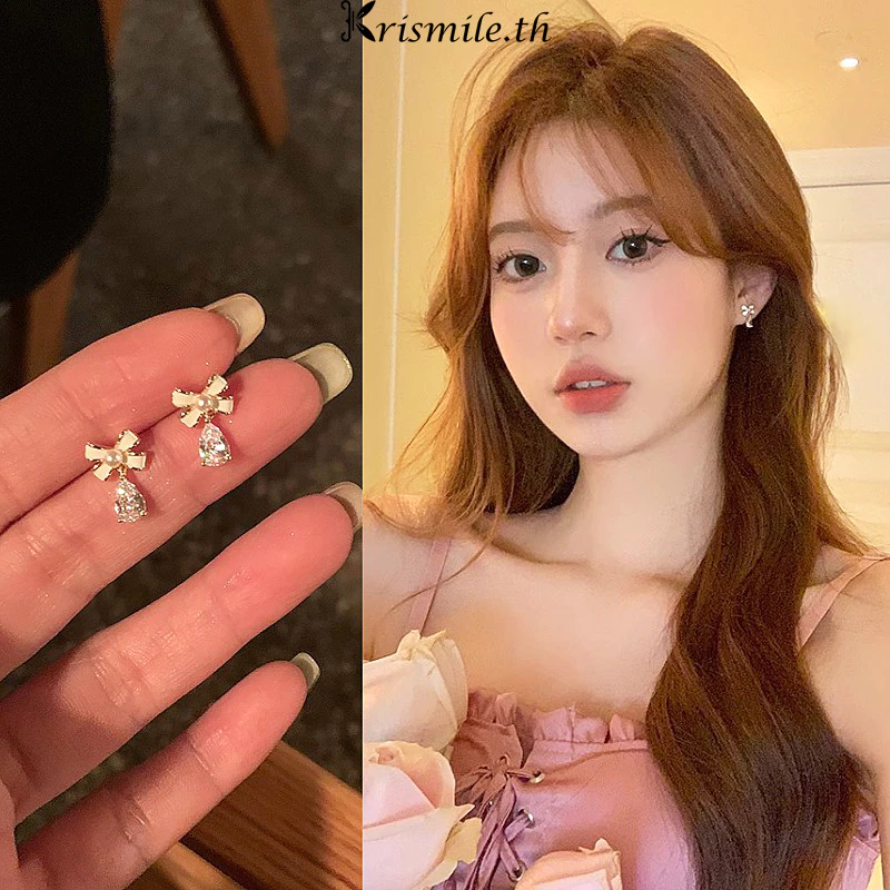 COD-ในไทย💖หรูหรา Bowknot Zircon Pearl Stud ต ่ างหูสําหรับผู ้ หญิง ไม่ทําให้แพ้ง่าย สแตนเลส องประดับอุปกรณ-Kri