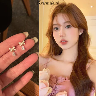 COD-ในไทย💖หรูหรา Bowknot Zircon Pearl Stud ต ่ างหูสําหรับผู ้ หญิง ไม่ทําให้แพ้ง่าย สแตนเลส องประดับอุปกรณ-Kri