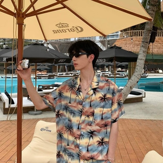 Knowyou_มาใหม่เชิ้ตคอปกแขนสั้นOversizeลายต้นมะพร้าว ผ้าไหมอี…