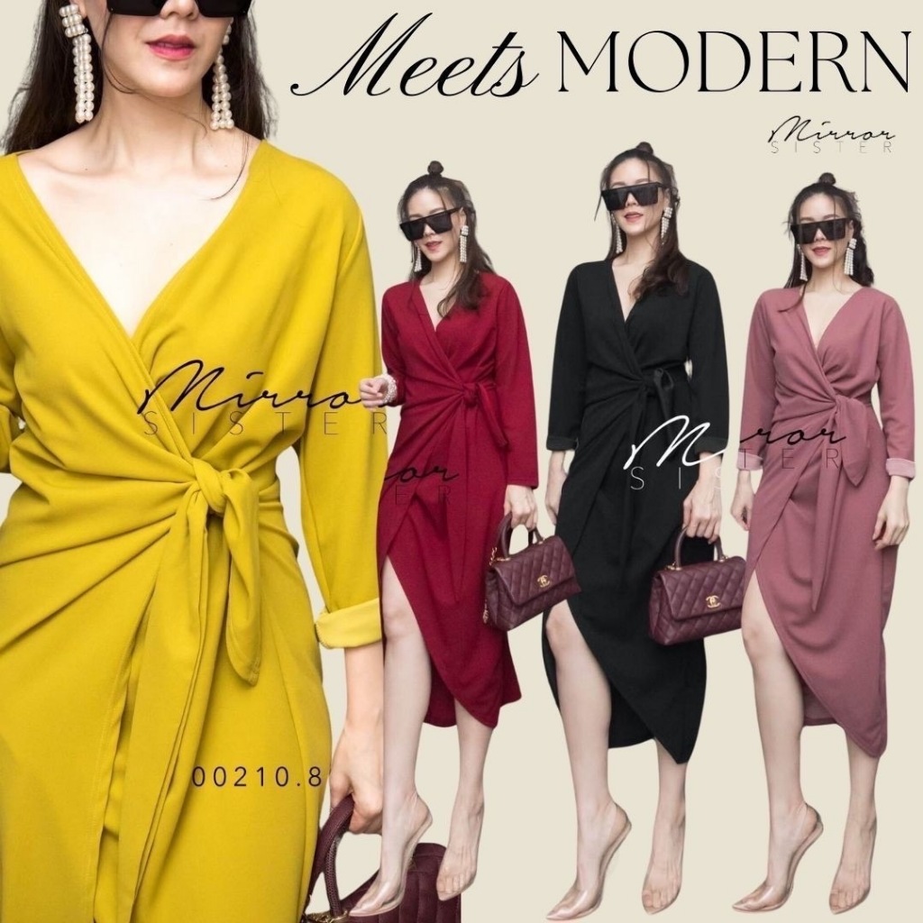 Mirrorsister​ 00210.8 เดรสทรงสวยเก๋ คอวีอกไขว้ทับกัน ช่วงเอวแต่งจับDrapผูกข้าง ด้านหน้ากระโปรงทรงX ผ่าหน้า