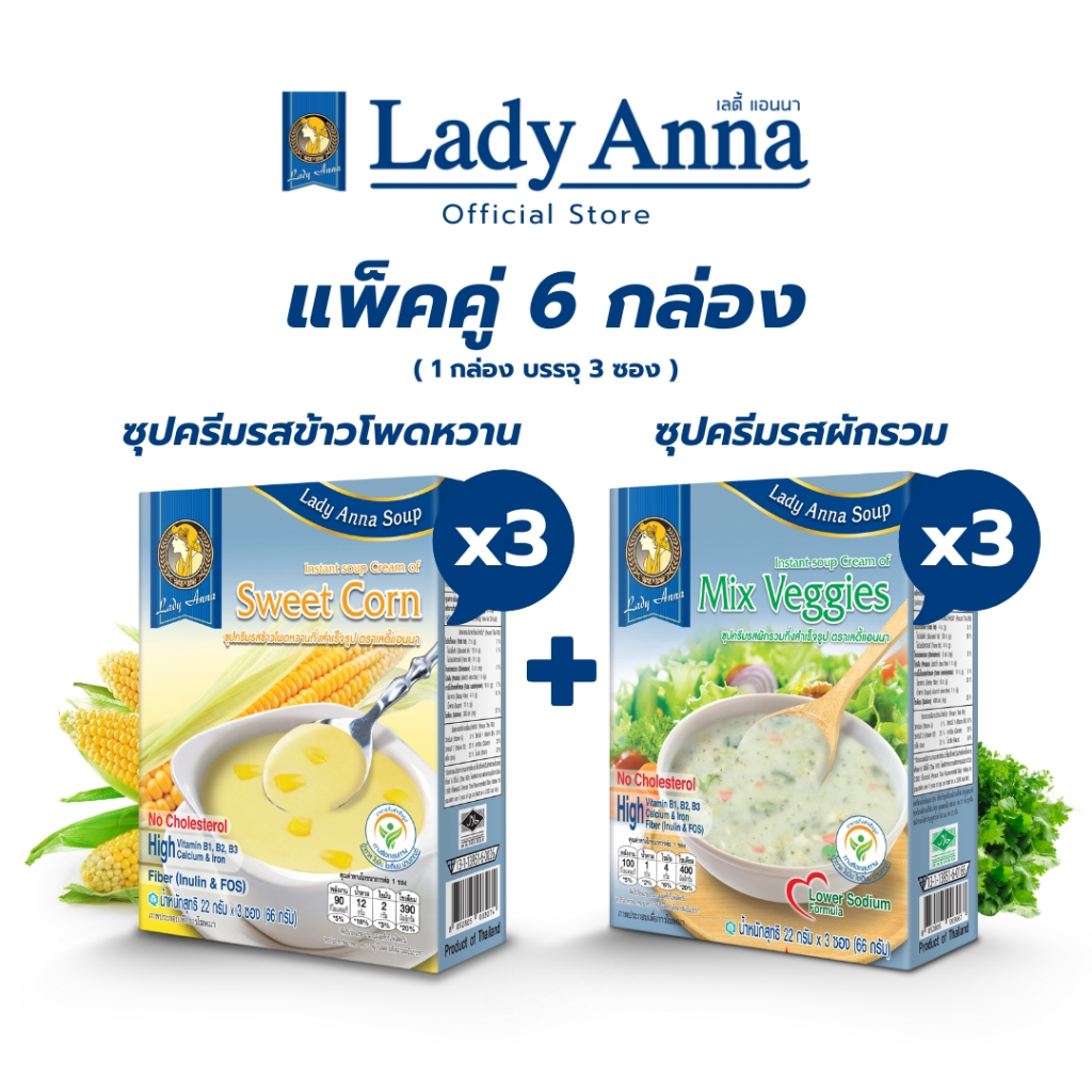 เลดี้แอนนา ซุป รสข้าวโพดหวานและรสผักรวม สูตรลดเกลือ Lady Anna Sweet Corn Soup and Mix Veggies Soup (3 x 3) กล่อง