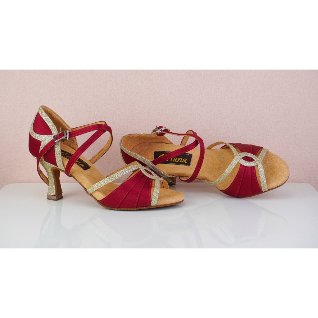 รองเท้าลีลาศ และ Salsa Dance Shoes Oriana OR-L21 สีแดง สลับเส้นสีทอง ส้นสูง 2.5 นิ้ว