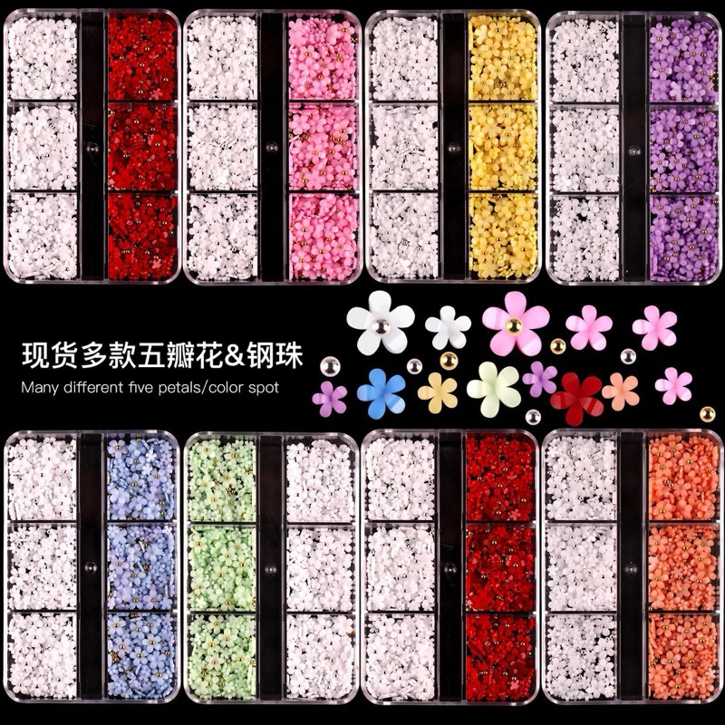 ดอกไม้แต่งเล็บ3D 6 ช่อง ขนาดเล็ก สีขาว สีทอง สีเงิน สําหรับตกแต่งเล็บ DIY