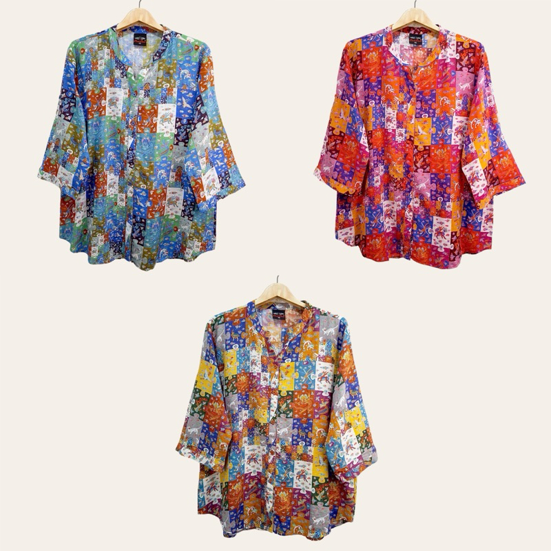 (อก 46”) เสื้อคอกลม เเขนสามส่วน ผ่าหน้า ลายสวย ผ้าลินินผสมฝ้าย ใส่สบาย
