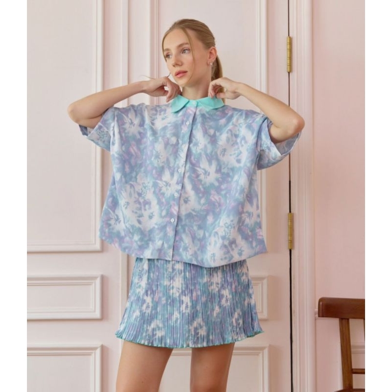CRAZY ALL THE TIME - Vanilla Sky - เสื้อเชิ้ต+skorts พลีท สีวานิลลาสกาย