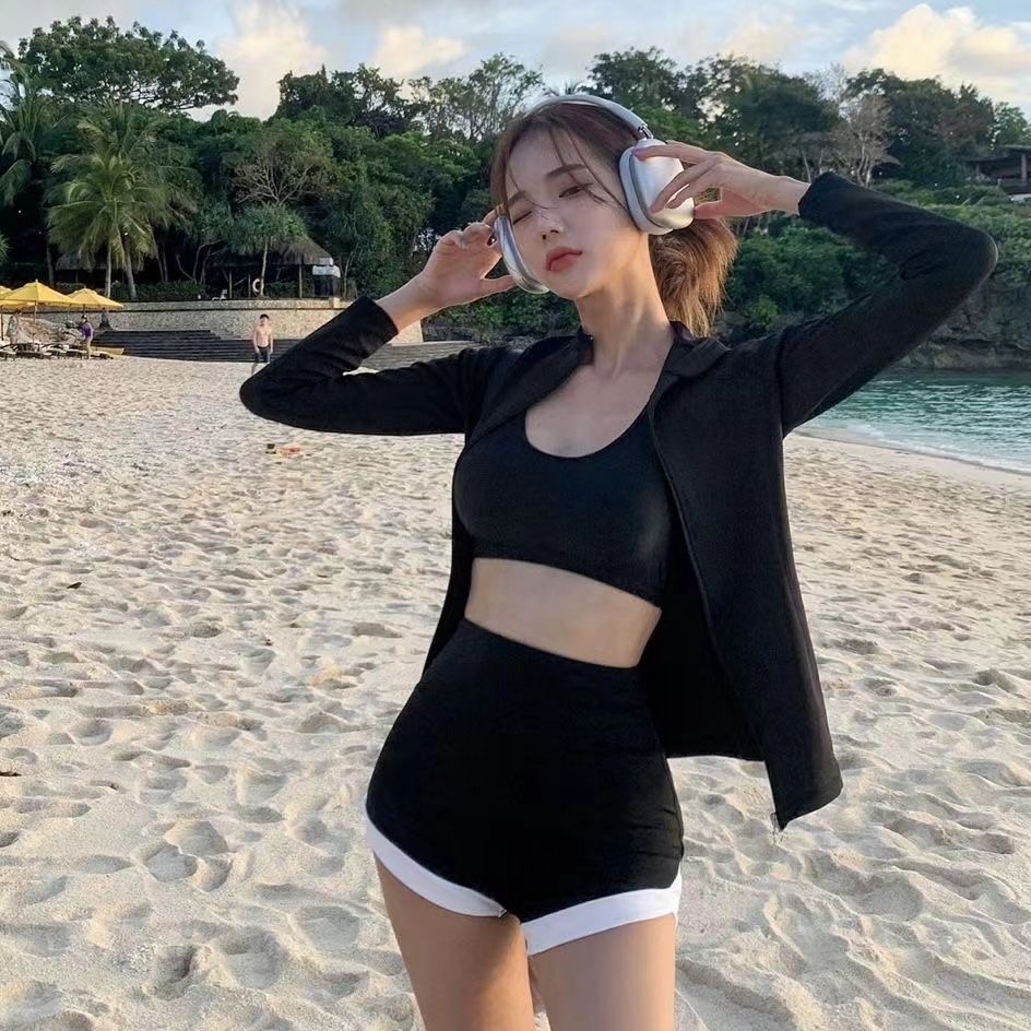 🌸Swift Bra🌸ชุดว่ายน้ำผู้หญิง เอวสูง แต่งซิป เหมาะกับเดินชายหาด สไตล์สปอร์ต สําหรับผู้หญิง สามชิ้น