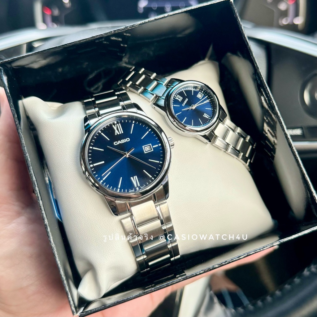 CASIO นาฬิกาคู่ ชาย-หญิง ของแท้ เครื่องศูนย์ CMG รุ่น MTP-V002D-2B3 คู่กับ LTP-V002D-2B3 ขนาดหน้าปัด 37มม/25มม