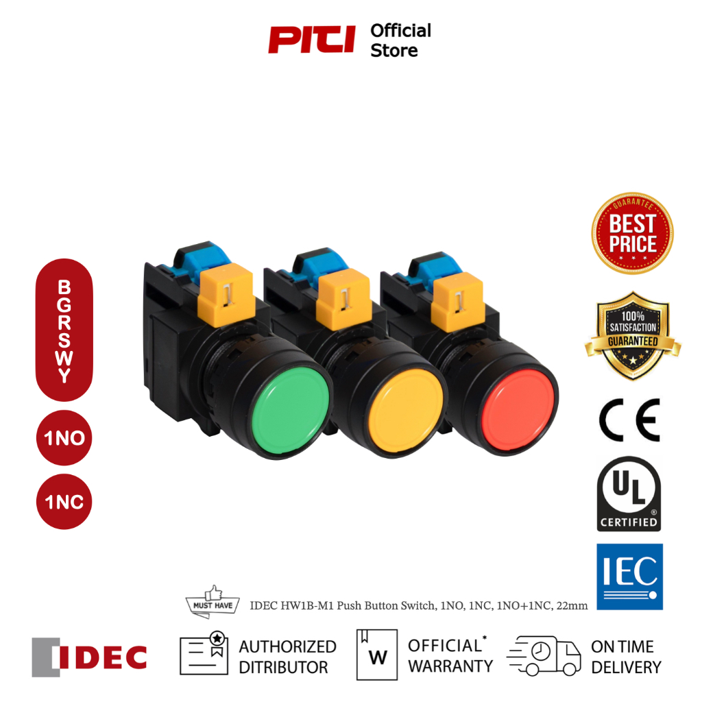 IDEC HW1B-M1 Push Button Switch, 1NO, 1NC, 1NO+1NC, 22mm