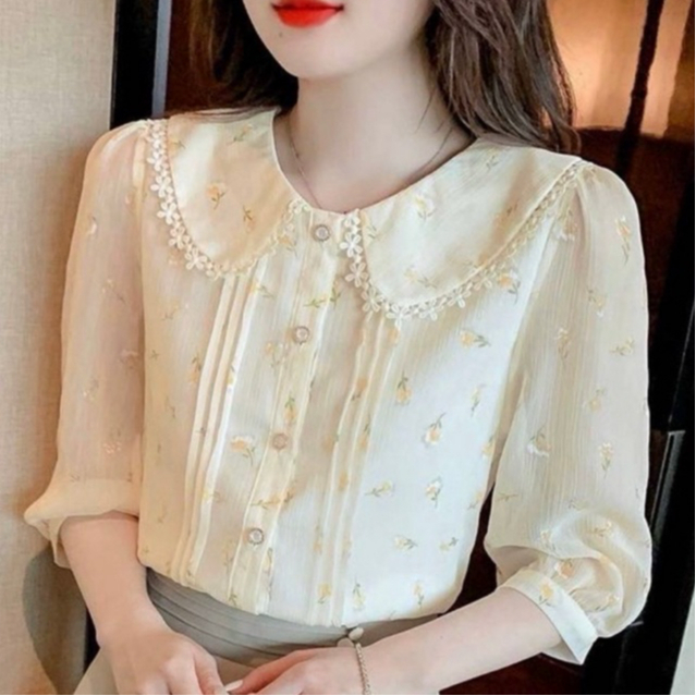 (พร้อมส่ง)รุ่น(S-ดอกเหลืองคอบัวดอกไม้04) เสื้อแขน7ส่วน ผ้าชีฟองพรีเมี่ยมมีซับในทั้งตัว พิมพ์ลายดอกทั้งตัวอัดพลีทด้านหน้า