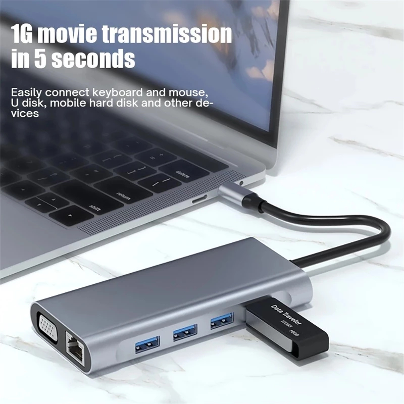 11-in-1 USB C HUB 3.0 Type-C Docking Station Splitter ถึง 4K HDMI VGA RJ45 Ethernet SD/TF Card Reader USB 3.0 87W PD ชาร