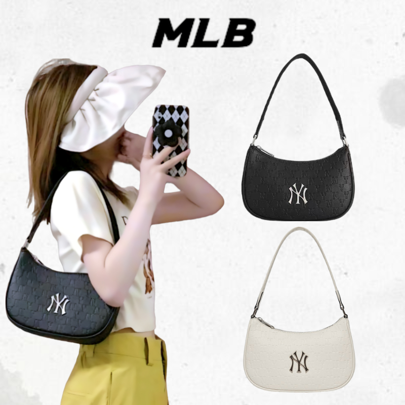 ✔กระเป๋า MLB แท้ ✔ny กระเป๋าถือ MONOGRAM EMBOSSED HOBO BAG พิมพ์สีดำ mlb official shoulder bag