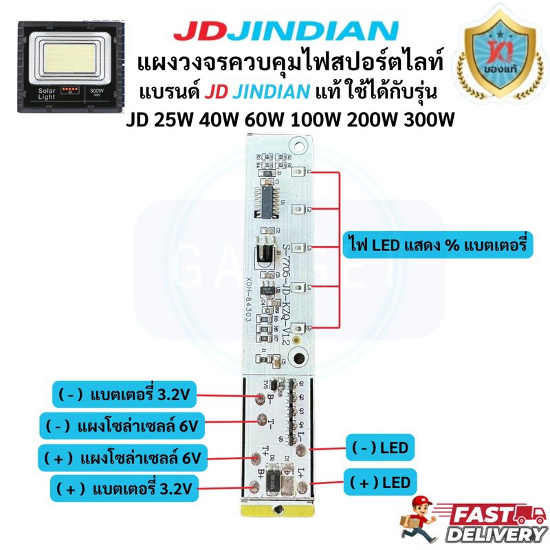 *โค้ดส่งฟรี*แผงวงจร ไฟโซล่าเซลล์ สปอร์ตไลท์ JD JINDIAN ใช้ได้กับรุ่น 25W 40W 60W 100W 200W 300W พร้อมไฟสถานะแบตเตอรี่