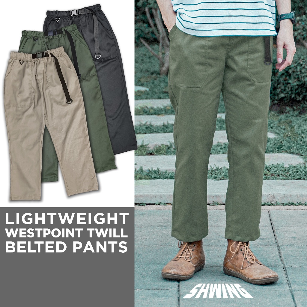 ซื้อ SHWING กางเกงขายาวเข็มขัด เอวยืด ผ้าเวสปอยท์ ทรงหลวม สไตล์ญี่ปุ่น SHWING BELTED PANTS