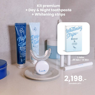 Linee Teeth Whitening kit Premium มาพร้อม ยาสีฟันสูตรฟันขาว 2หลอด (Day&amp;Night) และ แผ่นแปะฟันขาว 1 กล่อง (มี 28 แผ่น)