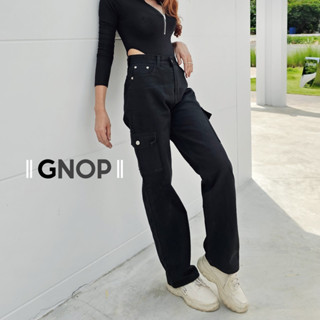 GNOP กางเกงยีนส์คาร์โก้ ขากระบอก ผ้าไม่ยืด เอวสูง ทรงสวย สีดำ GN8006