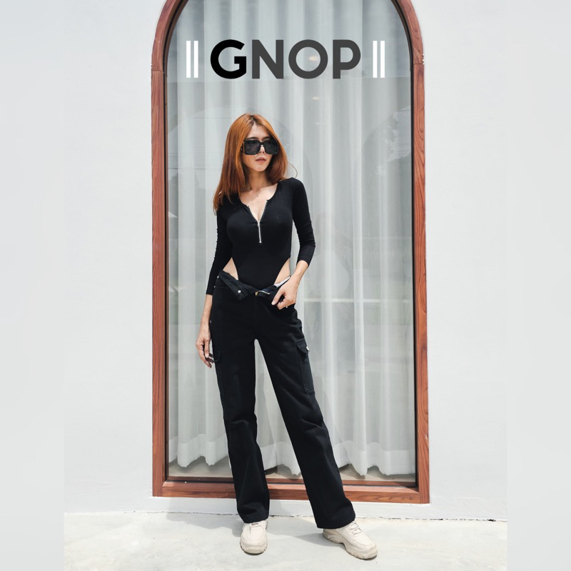 GNOP กางเกงยีนส์คาร์โก้ ขากระบอก ผ้าไม่ยืด เอวสูง ทรงสวย สีดำ GN8006