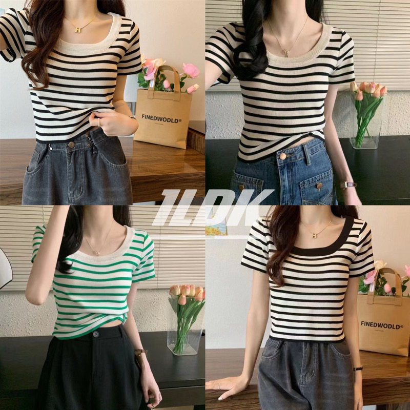 1LDK พร้อมส่ง เสื้อไหมพรมแขนสั้น คอกลม ดีเทลลายทางคิ้วๆ (88618)