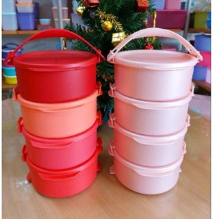 Tupperware ปิ่นโตคลิกกลม 550มล. 4ชั้น สีใหม่ (ตัวกล่องเข้าไมโครเวฟได้) 1สาย