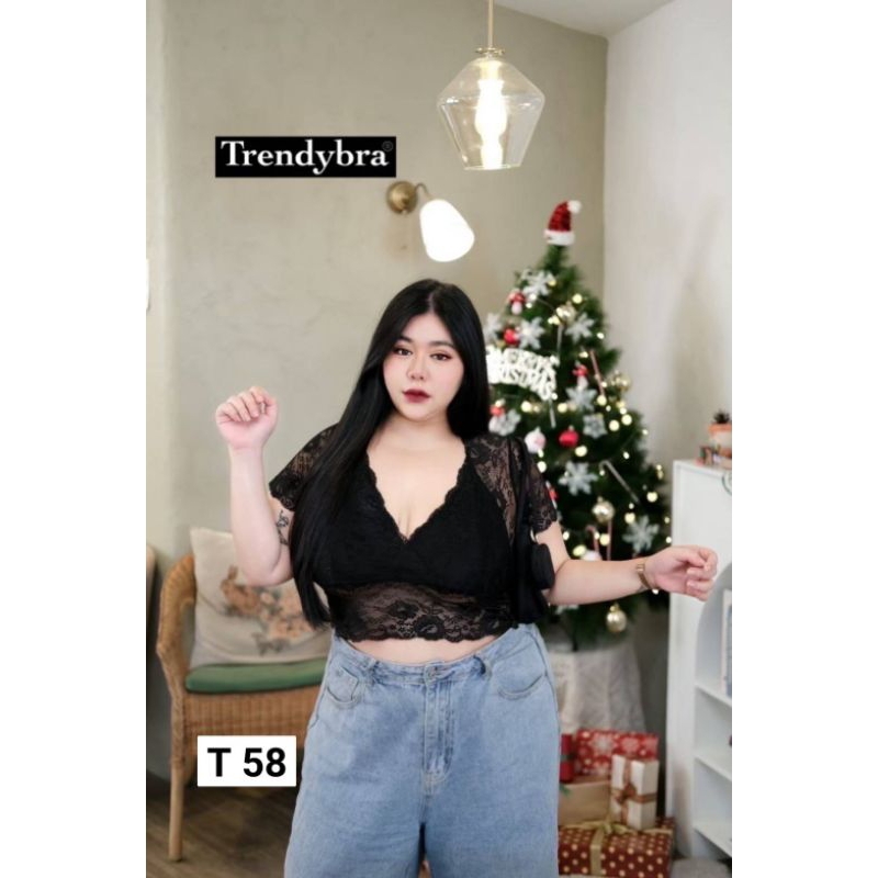 TN58.เสื้อสาวอวบไซส์ใหญ่ เสื้อครอปคอวีลูกไม้แขนสั้น