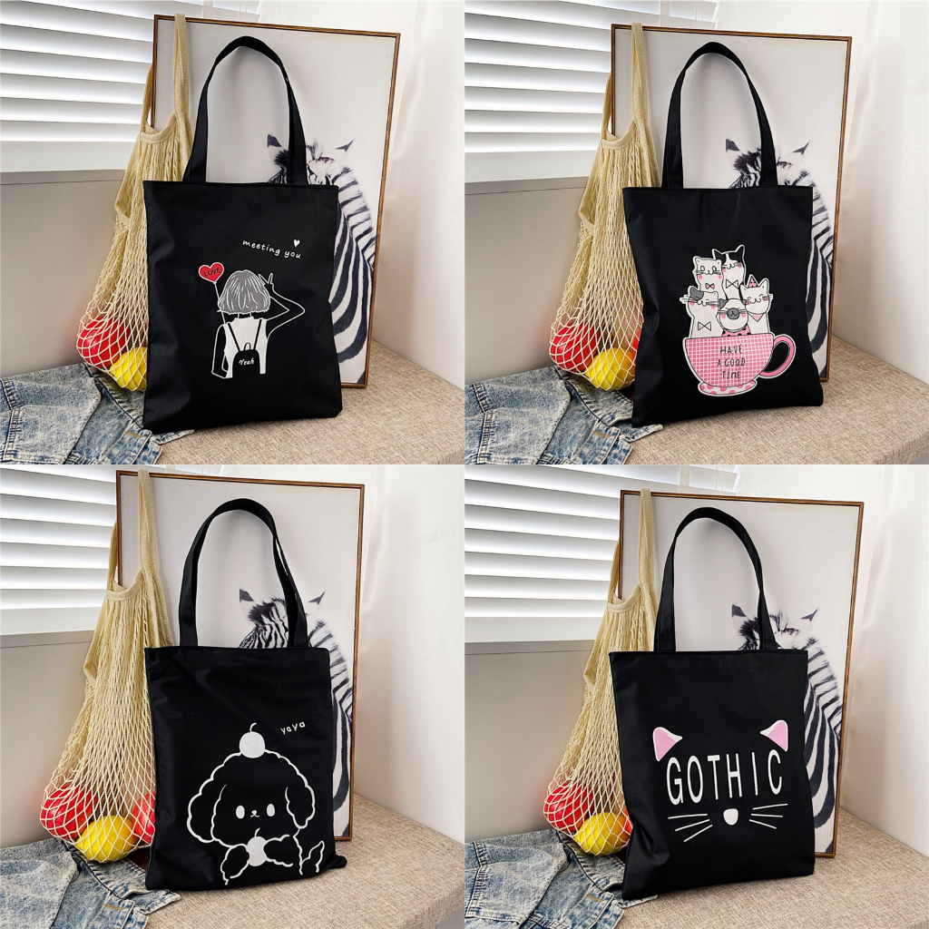 พร้อมส่ง กระเป๋าผ้า มีซิป ใส่เครื่องเขียน ใส่หนังสือ ภาพการ์ตูน A4 ราคาส่ง